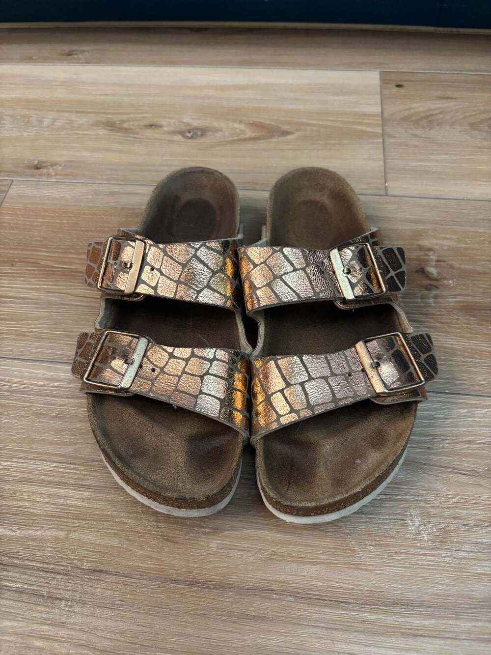 Birkenstock Arizona Gator Gleam Copper Two-Strap Sandals Size 38